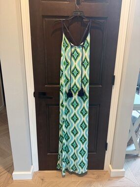 Macbeth Collection by Margaret Josephs Green Blue Geometric Maxi Dress